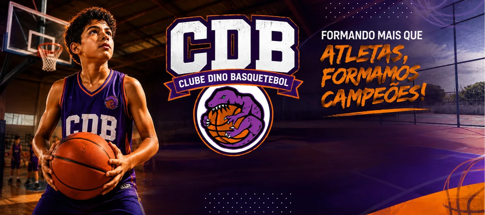 Atleta do CDB Clube Dino Basquetebol em posição de arremesso na quadra com a mensagem formando mais que atletas, formamos campeões