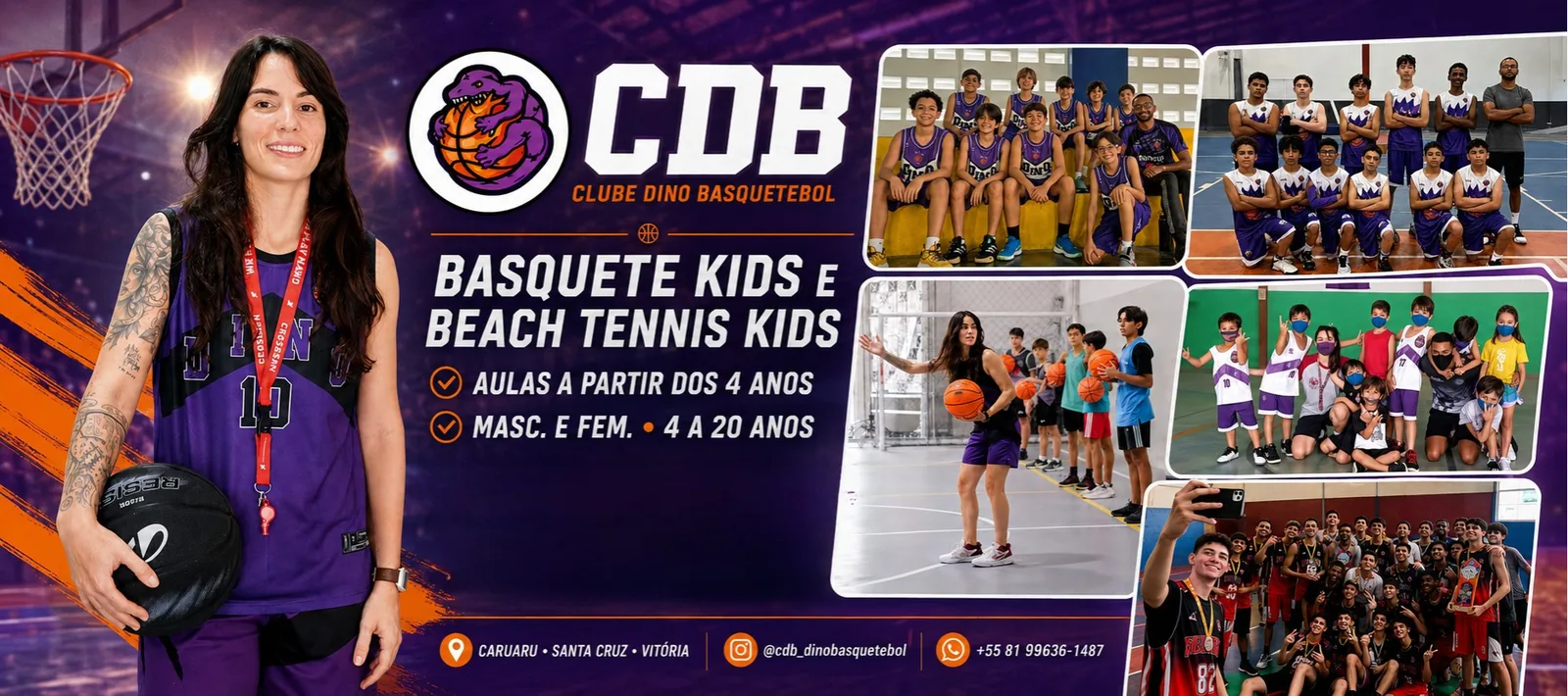 Professora do CDB com mosaico de turmas, Basquete Kids e Beach Tennis Kids, aulas a partir dos 4 anos, masculino e feminino de 4 a 20 anos em Caruaru, Santa Cruz e Vitória